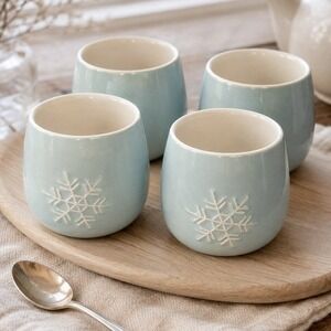 Tea Forte Light Blue Snowflake Ceramic Tea Cups Set of 4 Handleless Double Wall